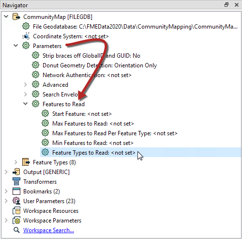 Finding the Feature Types to Read parameter in the Navigator